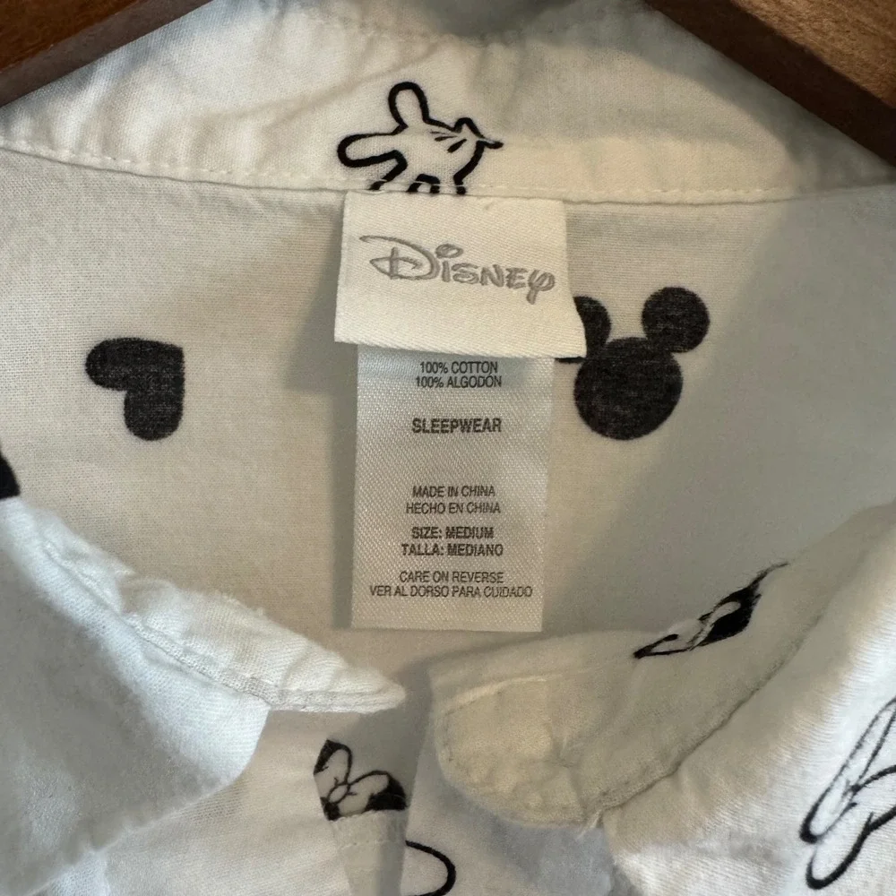 Disney Mickey Minnie Mouse Sleep Shirt White Cotton Button Down Medium - Picture 3 of 3